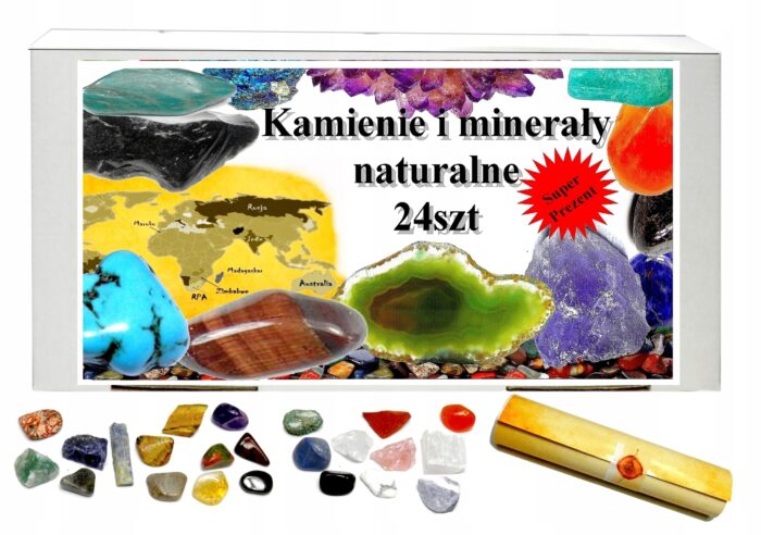 KOLEKCJA naturalnych kamieni, ZESTAW minerałów Zbiór , PREZENT, 24 sztuki