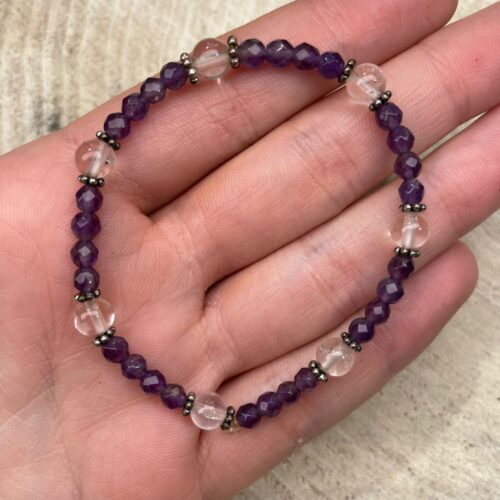 Ametyst i Kryształ Górski bransoletka na gumce